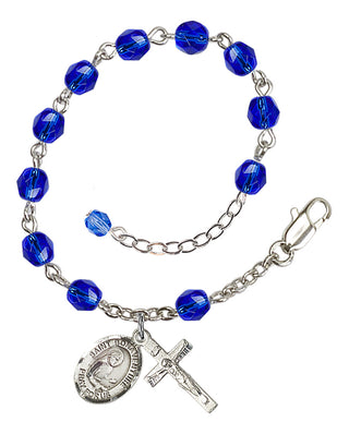 Silver-Plated 6mm Fire-Polished Saint Bonaventure Rosary Bracelet in Sapphire Engraved Catholic Saint Jewelry