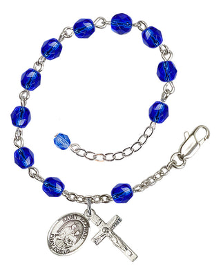 Silver-Plated 6mm Fire-Polished Saint Raphael the Archangel Rosary Bracelet in Sapphire Engraved Catholic Saint Jewelry