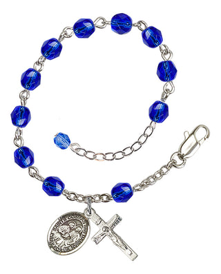 Silver-Plated 6mm Fire-Polished Saints Cosmas & Damian Rosary Bracelet in Sapphire Engraved Catholic Saint Jewelry