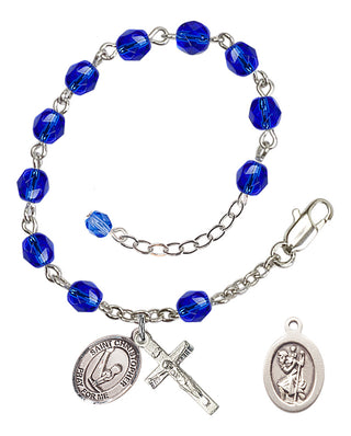 Adjustable Silver Plated 6mm Fire Polished Saint Christopher/Gymnastics Rosary Bracelet in Sapphire