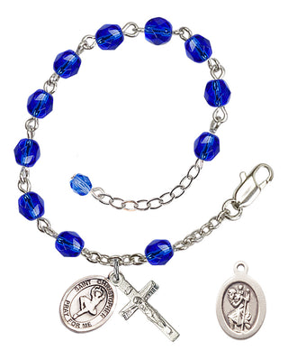 Silver-Plated 6mm Fire-Polished Saint Christopher/Dance Rosary Bracelet in Sapphire Engraved Catholic Saint Jewelry