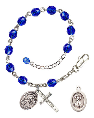 Adjustable Silver Plated 6mm Fire Polished Saint Christopher/Basketball Rosary Bracelet in Sapphire