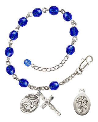 Adjustable Silver Plated 6mm Fire Polished Saint Sebastian/Basketball Rosary Bracelet in Sapphire