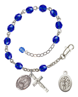Adjustable Silver Plated 6mm Fire Polished Saint Sebastian/Ice Hockey Rosary Bracelet in Sapphire