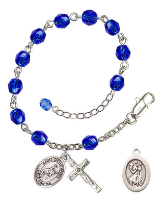 Adjustable Silver Plated 6mm Fire Polished Saint Christopher / Rodeo Rosary Bracelet in Sapphire