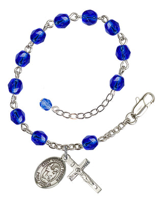 Silver-Plated 6mm Fire-Polished Saint Vincent Ferrer Rosary Bracelet in Sapphire Engraved Catholic Saint Jewelry