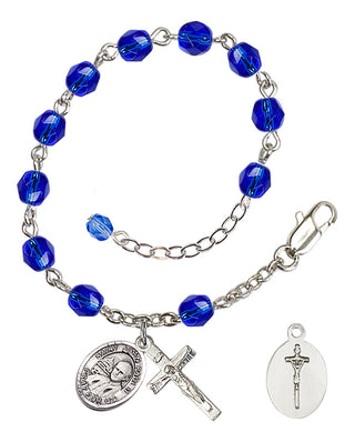 Adjustable Silver Plated 6mm Fire Polished Saint John Paul II Rosary Bracelet in Sapphire