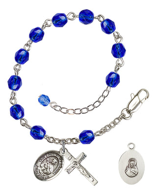 Adjustable Silver Plated 6mm Fire Polished Our Lady of Mount Carmel Rosary Bracelet in Sapphire