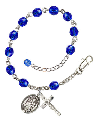 Silver-Plated 6mm Fire-Polished Saint Isaiah Rosary Bracelet in Sapphire Engraved Catholic Saint Jewelry
