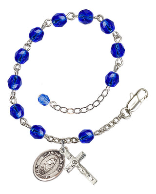 Silver-Plated 6mm Fire-Polished Our Lady of Tears Rosary Bracelet in Sapphire Engraved Catholic Saint Jewelry