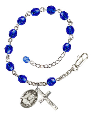 Silver-Plated 6mm Fire-Polished Saint Josephine Bakhita Rosary Bracelet in Sapphire Engraved Catholic Saint Jewelry