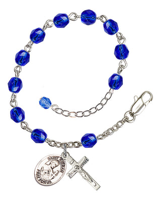 Silver-Plated 6mm Fire-Polished Saint Kieran Rosary Bracelet in Sapphire Engraved Catholic Saint Jewelry