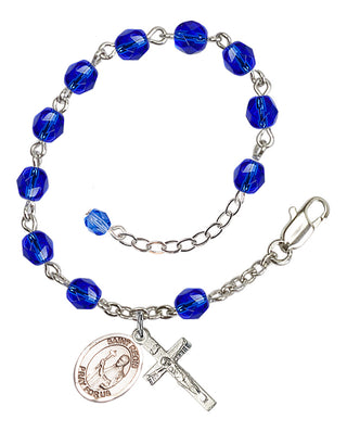 Silver-Plated 6mm Fire-Polished Saint Regis Rosary Bracelet in Sapphire Engraved Catholic Saint Jewelry