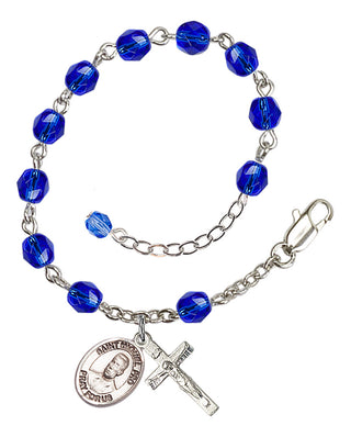 Silver-Plated 6mm Fire-Polished Bl. Miguel Pro Rosary Bracelet in Sapphire Engraved Catholic Saint Jewelry