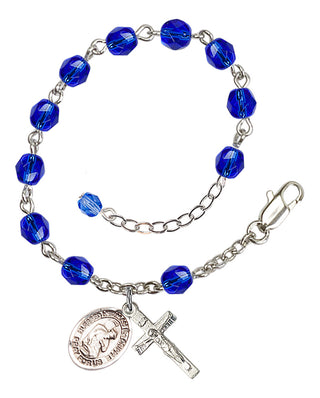 Silver-Plated 6mm Fire-Polished Bl. Herman the Cripple Rosary Bracelet in Sapphire Engraved Catholic Saint Jewelry