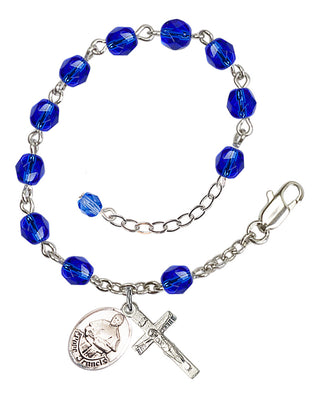 Adjustable Silver Plated 6mm Fire Polished Pope Francis Rosary Bracelet in Sapphire