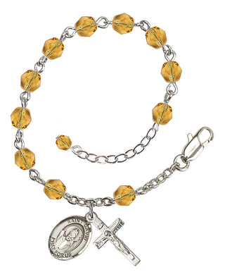 Silver-Plated 6mm Fire-Polished Saint David of Wales Rosary Bracelet in Topaz Engraved Catholic Saint Jewelry