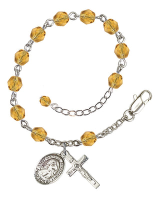 Silver-Plated 6mm Fire-Polished Saint Gabriel the Archangel Rosary Bracelet in Topaz Engraved Catholic Saint Jewelry