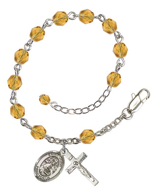 Silver-Plated 6mm Fire-Polished Saint John the Apostle Rosary Bracelet in Topaz Engraved Catholic Saint Jewelry
