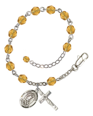 Silver-Plated 6mm Fire-Polished Saint Lazarus Rosary Bracelet in Topaz Engraved Catholic Saint Jewelry