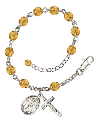 Silver-Plated 6mm Fire-Polished Saint Margaret Mary Alacoque Rosary Bracelet in Topaz Engraved Catholic Saint Jewelry