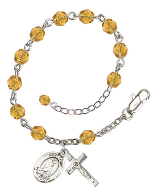 Silver-Plated 6mm Fire-Polished Saint Louis Rosary Bracelet in Topaz Engraved Catholic Saint Jewelry