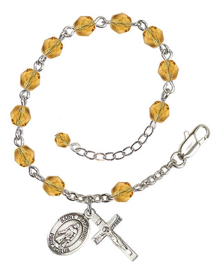 Silver-Plated 6mm Fire-Polished Saint Peregrine Laziosi Rosary Bracelet in Topaz Engraved Catholic Saint Jewelry