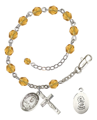 Silver-Plated 6mm Fire-Polished Scapular Rosary Bracelet in Topaz Engraved Catholic Saint Jewelry