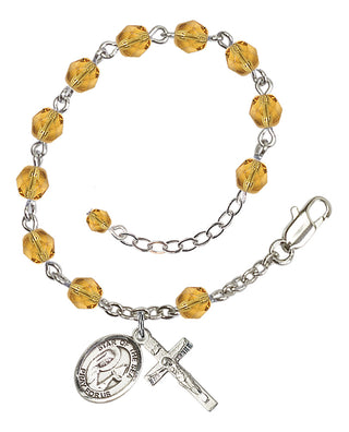 Silver-Plated 6mm Fire-Polished Our Lady Star of the Sea Rosary Bracelet in Topaz Engraved Catholic Saint Jewelry