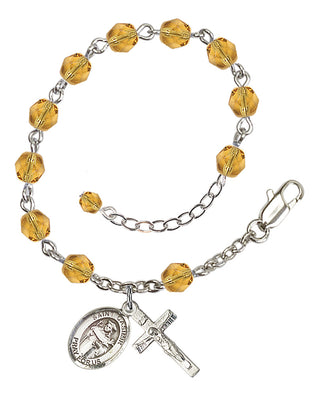 Adjustable Silver Plated 6mm Fire Polished Saint Casimir of Poland Rosary Bracelet in Topaz
