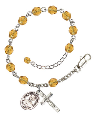Silver-Plated 6mm Fire-Polished Saint Marcellin Champagnat Rosary Bracelet in Topaz Engraved Catholic Saint Jewelry
