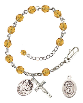 Silver-Plated 6mm Fire-Polished Saint Christopher/Dance Rosary Bracelet in Topaz Engraved Catholic Saint Jewelry
