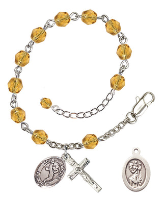 Adjustable Silver Plated 6mm Fire Polished Saint Christopher/Martial Arts Rosary Bracelet in Topaz