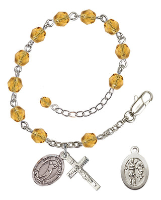 Adjustable Silver Plated 6mm Fire Polished Saint Sebastian/Golf Rosary Bracelet in Topaz