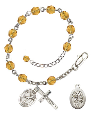 Adjustable Silver Plated 6mm Fire Polished Saint Sebastian/Figure Skating Rosary Bracelet in Topaz