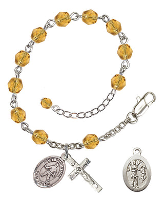 Adjustable Silver Plated 6mm Fire Polished Saint Sebastian/Field Hockey Rosary Bracelet in Topaz