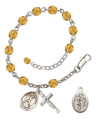 Silver-Plated 6mm Fire-Polished Saint Sebastian/Softball Rosary Bracelet in Topaz Engraved Catholic Saint Jewelry