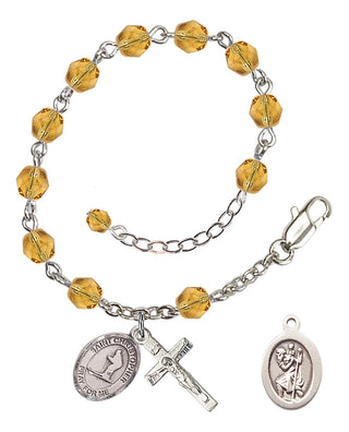 Adjustable Silver Plated 6mm Fire Polished Saint Christopher / Skiing Rosary Bracelet in Topaz