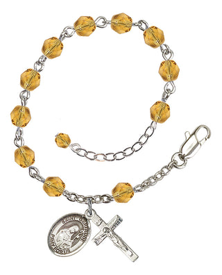 Silver-Plated 6mm Fire-Polished Saint Gertrude of Nivelles Rosary Bracelet in Topaz Engraved Catholic Saint Jewelry