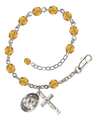 Silver-Plated 6mm Fire-Polished Saint Dominic Savio Rosary Bracelet in Topaz Engraved Catholic Saint Jewelry