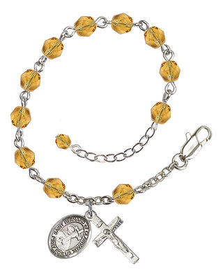 Silver-Plated 6mm Fire-Polished Saint Bernard of Clairvaux Rosary Bracelet in Topaz Engraved Catholic Saint Jewelry