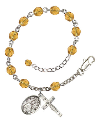 Silver-Plated 6mm Fire-Polished Saint Wenceslaus Rosary Bracelet in Topaz Engraved Catholic Saint Jewelry