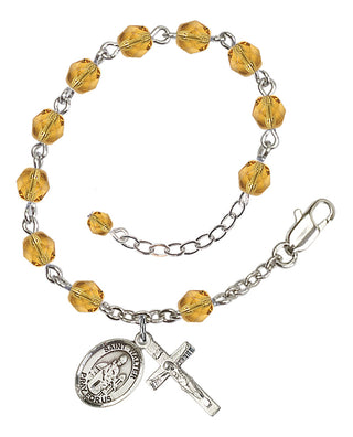 Silver-Plated 6mm Fire-Polished Saint Walter of Pontoise Rosary Bracelet in Topaz Engraved Catholic Saint Jewelry