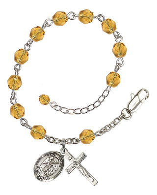 Silver-Plated 6mm Fire-Polished Saint Fiacre Rosary Bracelet in Topaz Engraved Catholic Saint Jewelry