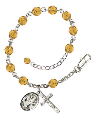 Silver-Plated 6mm Fire-Polished Saint Columbanus Rosary Bracelet in Topaz Engraved Catholic Saint Jewelry