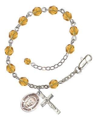 Silver-Plated 6mm Fire-Polished Saint Hannibal Rosary Bracelet in Topaz Engraved Catholic Saint Jewelry