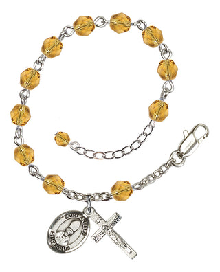 Silver-Plated 6mm Fire-Polished Saint Anselm of Canterbury Rosary Bracelet in Topaz Engraved Catholic Saint Jewelry