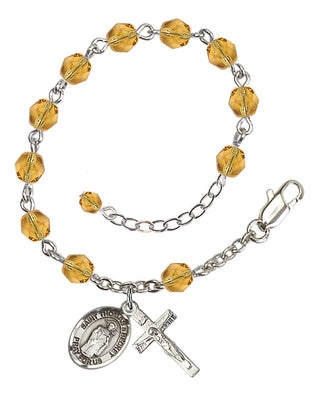Silver-Plated 6mm Fire-Polished Saint Thomas A Becket Rosary Bracelet in Topaz Engraved Catholic Saint Jewelry