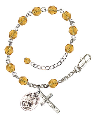 Silver-Plated 6mm Fire-Polished Saint Eustachius Rosary Bracelet in Topaz Engraved Catholic Saint Jewelry