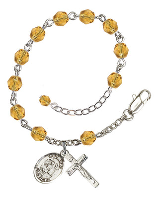 Silver-Plated 6mm Fire-Polished Saint Vitus Rosary Bracelet in Topaz Engraved Catholic Saint Jewelry